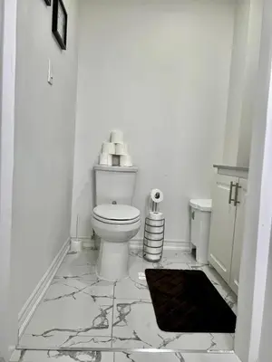 a white bathroom with a toilet and a rug at K1 Private Bathroom Queen Bed Room in Mississauga