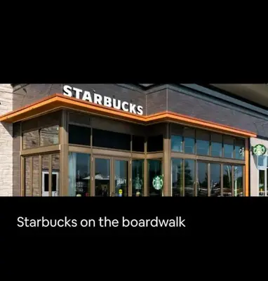 a starbucks building with the words starbucks on the boardwalk at Nature trail view with cozy patio and firetable in Innisfil