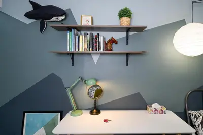 a desk with a lamp and a shelf on a wall at Spacious Room with Ensuite Bathroom near Subway, Koreatown & UofT in Toronto