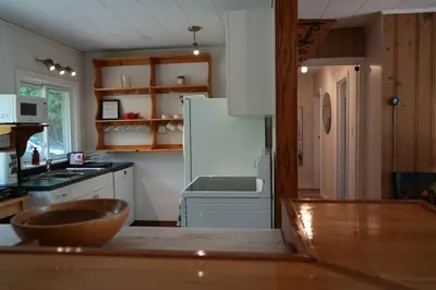a kitchen with a white refrigerator and a wooden counter top at Mary Lake Sunset Lodge in Port Sydney
