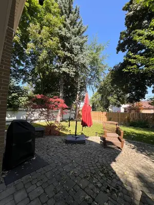a garden with a statue and a bench and trees at Willowdale in Toronto