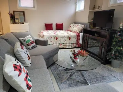 a living room with a couch and a coffee table at Cozy and comfy Studio Apartment in Richmond Hill