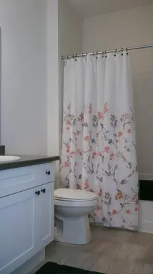 a bathroom with a toilet and a shower curtain at Spacious 3 Bdrm Retreat, Muskoka Room & Fireplace in Bracebridge
