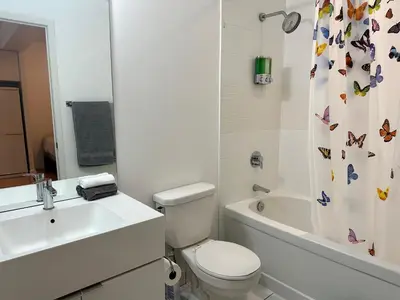 a bathroom with a toilet and a sink and a shower curtain at 1Bdrm plus den with 2 real beds plus sofabed & Terrace & parking in Toronto
