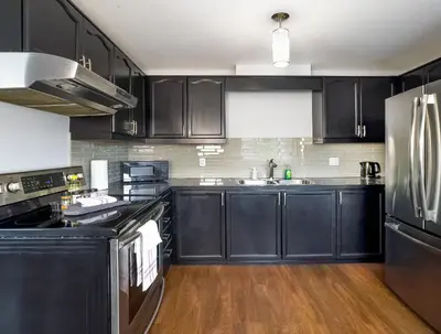 a kitchen with black cabinets and stainless steel appliances at Pet-Friendly Large 3-Bedroom - Bobcaygeon in Bobcaygeon