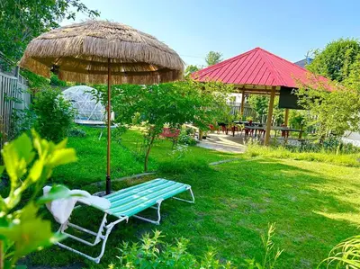 a picnic table and an umbrella in the grass at Moon River in Campbellford