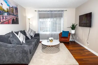 a living room with a couch and a table at Beautiful House 2 bedroom in Belleville