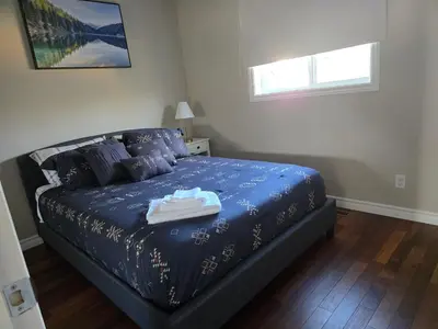 a bedroom with a bed with blue sheets and two windows at Beautiful House 2 bedroom in Belleville