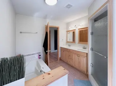 a bathroom with a tub and a sink and a shower at Luxury Hillside Farmhouse on The Bay of Quinte in Belleville