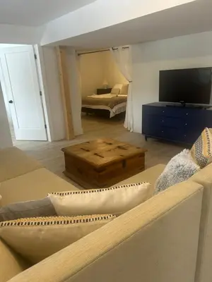 a living room with a couch and a tv at Treetop Suite in Haliburton