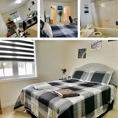 four pictures of a bedroom with a bed and a bathroom at Extended Stays Home in Markham