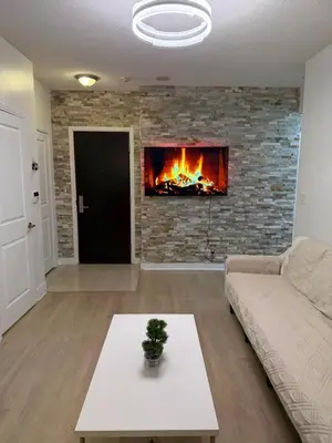 a living room with a couch and a fireplace at 2 Bedroom 1 Bathroom renovated fully furnished apartment in Mississauga