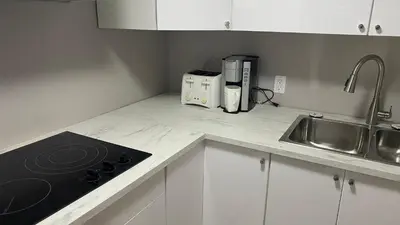 a kitchen with a counter top with a stove and a sink at Cozy Basement in Richmond Hill