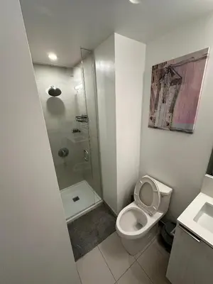 a white bathroom with a shower and a toilet at The Evergreen Shelter in Vaughan