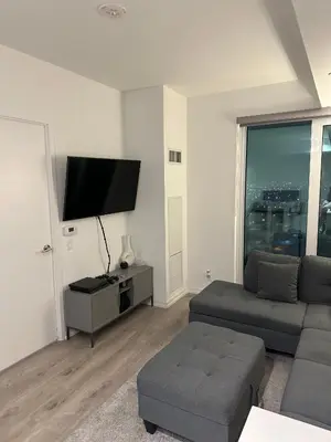 a living room with a couch and a flat screen tv at The Evergreen Shelter in Vaughan