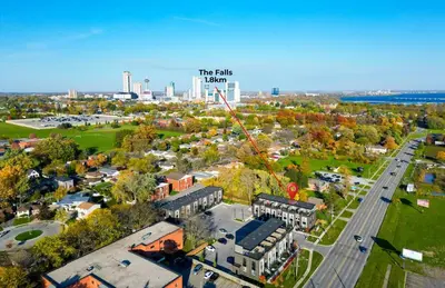 an overhead view of a city with a sign that reads the bike nation at NEW Stylish 1BR Apartment With BBQ and Situated Close to the Falls and Can Sleep 4 Guests in Niagara Falls