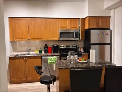 a kitchen with wooden cabinets and stainless steel appliances at A lovely one bed room with Sunset Views in Toronto