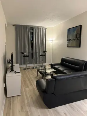 a living room with a black couch and a television at A lovely one bed room with Sunset Views in Toronto