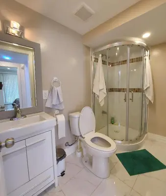 a bathroom with a toilet and a shower and a sink at Cozy Walkout Suite in Vaughan