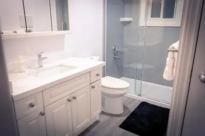 a bathroom with a toilet and a sink and a shower at Cozy Barrie Home - Minutes to College & Hospital in Barrie