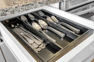 a drawer in a kitchen with silver utensils at Modern 5 Bed Home Near Burlington Pier, Downtown, Hospital, GO in Burlington