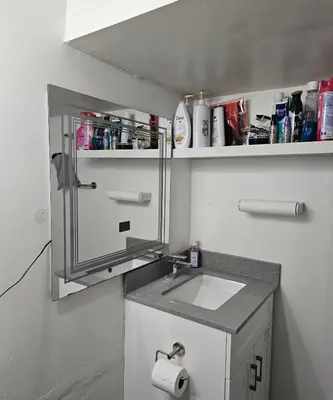 a bathroom with a sink and a mirror at Queen bedroom in Toronto