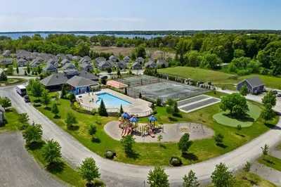 an aerial view of a resort with a swimming pool at The Clover - 91 Butternut in Cherry Valley
