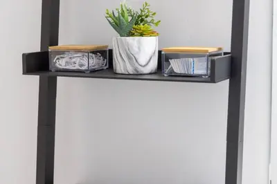 a black shelf with a potted plant on it at Exquisitely Furnished 1BR Suite in DWTN Toronto in Toronto