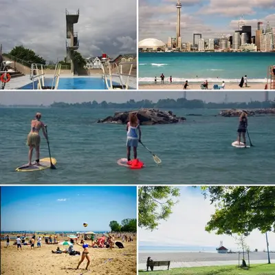 four pictures of people on surfboards at the beach at Toronto downtown Woodbine beaches private cozy room in Toronto