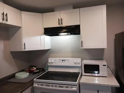 a kitchen with white cabinets and a stove and a microwave at Cosy Romantic and Cost Effective Stay in Kitchener in Kitchener