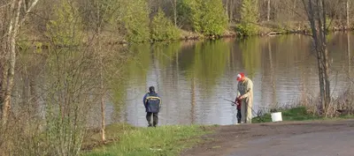 two men are standing in the water fishing at Liftlock Guest House in Peterborough