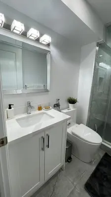 a bathroom with a sink and a toilet and a mirror at Brand new 2 bedroom basement apartment in Ajax