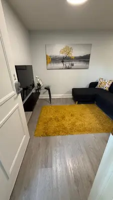 a living room with a couch and a yellow rug at Brand new 2 bedroom basement apartment in Ajax
