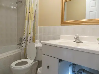a bathroom with a toilet and a sink and a mirror at Villa Nova Motel in Wasaga Beach