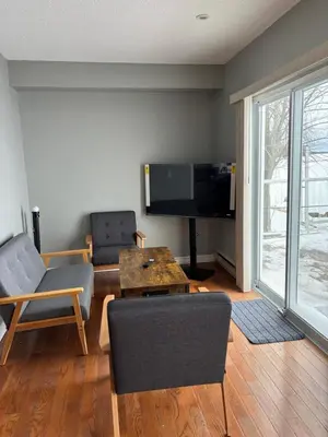 a living room with a couch and a tv at Waterfront Cottage Near Toronto Private Dock, Water Crafts, BBQ Wi-Fi - Sleeps 4 in Manvers
