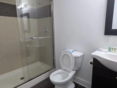 a bathroom with a shower and a toilet and a sink at Basement two Queen beds and one single with two full washrooms by YKF airport in Kitchener