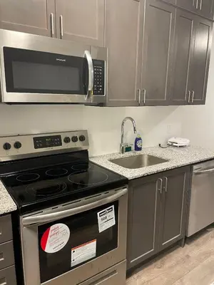 a kitchen with a stove and a sink at Executive Luxury Apartment in Oakville