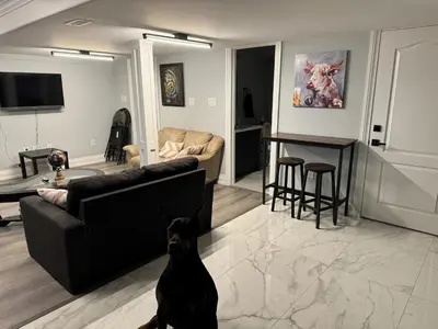 a dog sitting in the middle of a living room at Oshawa Connect - Prime Location, Modern Space in Oshawa