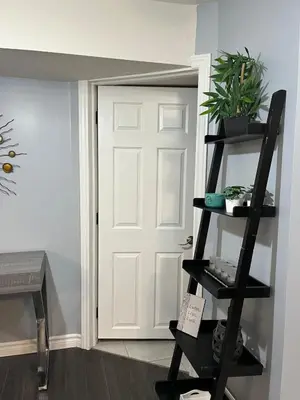 a black shelf next to a door with a plant at Just like home 1 bedroom appt in Guelph