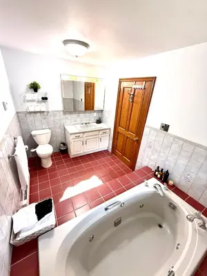 a bathroom with a tub and a toilet and a sink at Mono Farmhouse in Caledon
