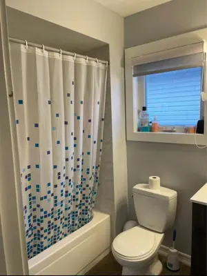 a bathroom with a toilet and a shower curtain at Serene Bedroom with Private Ensuite in Georgina