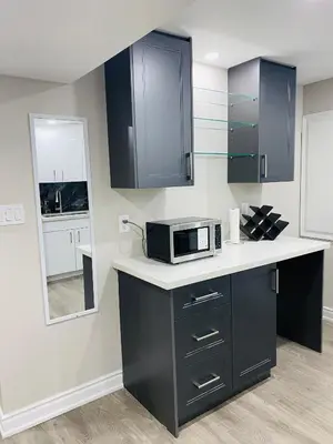 a kitchen with a counter with a microwave and a mirror at Cozy 2 Bedroom Apartment in Brampton in Brampton