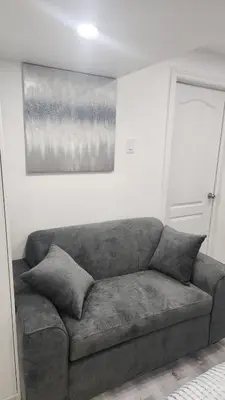 a gray couch in a living room with a painting at Entire Studio Guest Suite in Kitchener in Kitchener