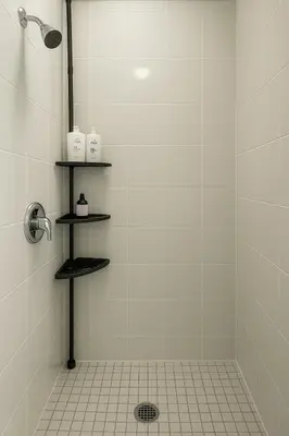 a bathroom with a shower with shelves on the wall at Vellore's Ritz and Rest House in Vaughan