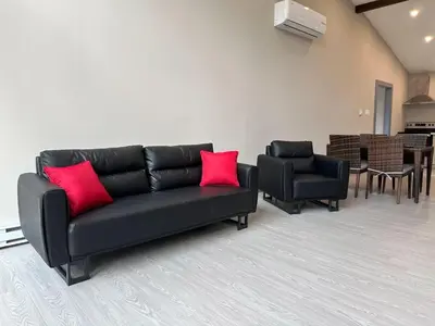 a living room with a black couch and two red pillows at 3-bedroom Lakefront Villa #7 in Lakefield