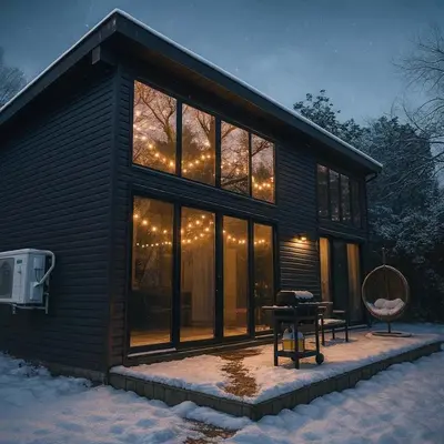 a house with windows and a table in the snow at 3-bedroom Villa in Lakefield #11 in Lakefield