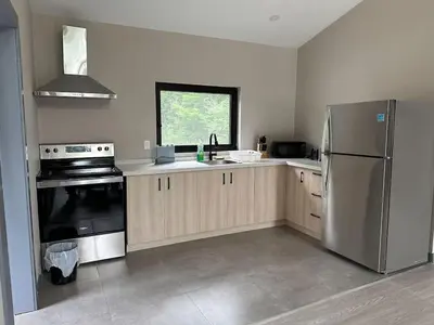 a kitchen with a stainless steel refrigerator and a window at 3-bedroom Lakefront Villa #10 in Lakefield