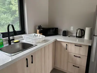 a kitchen counter with a sink and a microwave at 3-bedroom Lakefront Villa #2 in Lakefield