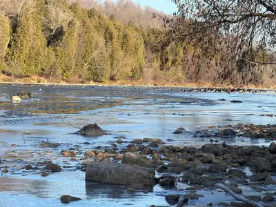 a river with a bunch of rocks in the water at Grand River Entire Cottage near Cambridge and Brantford in Cambridge