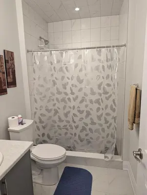 a bathroom with a shower curtain with a toilet at Spacious Luxury walk out Basement in Kitchener